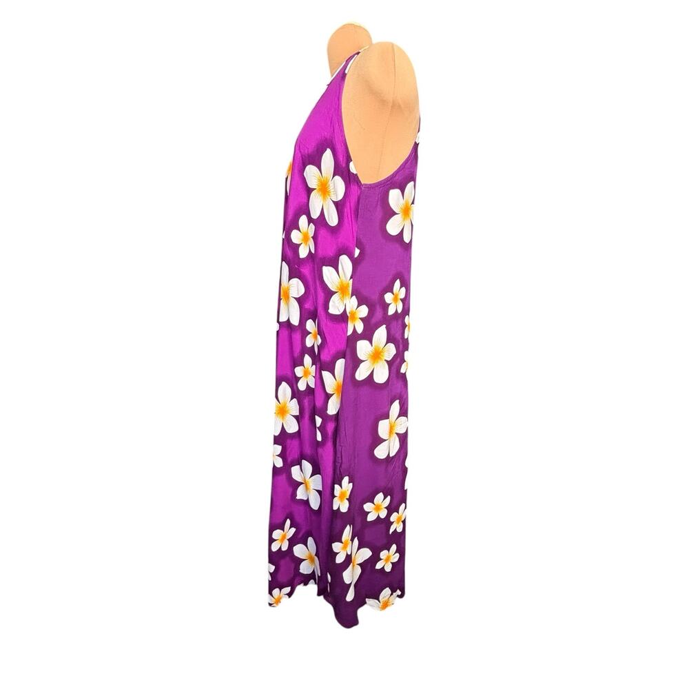 Vintage Purple Hawaiian Plumeria Floral Maxi Dress One Size Rayon Tropical Luau - Picture 4 of 11